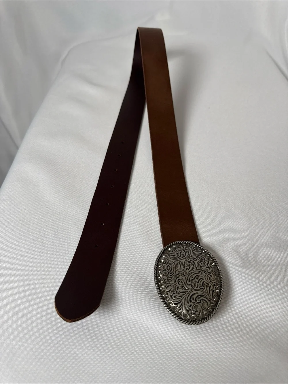 American Eagle AEO Women’s Brown Leather Belt Sz XS Oval Buckle Rhinestones